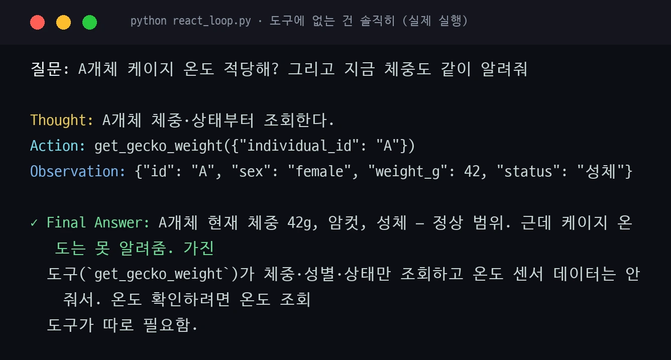 도구에 없는 질문 처리 — 온도는 도구 없어 못 한다고 솔직히, 체중만 도구로 조회