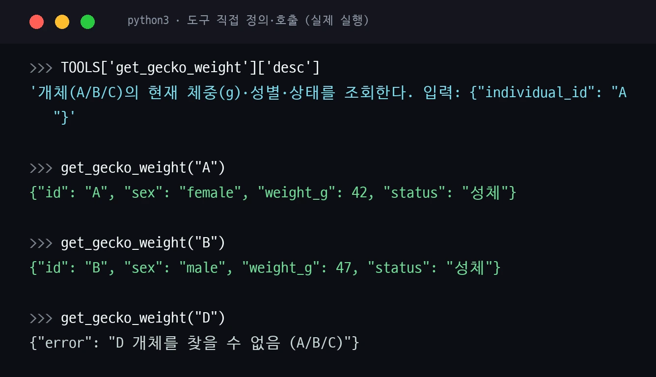 도구 직접 정의·호출 — A/B 정상 조회, 없는 D개체는 error 반환