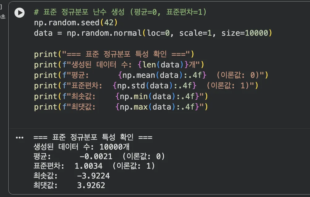 표준 정규분포 생성 및 평균·표준편차 확인