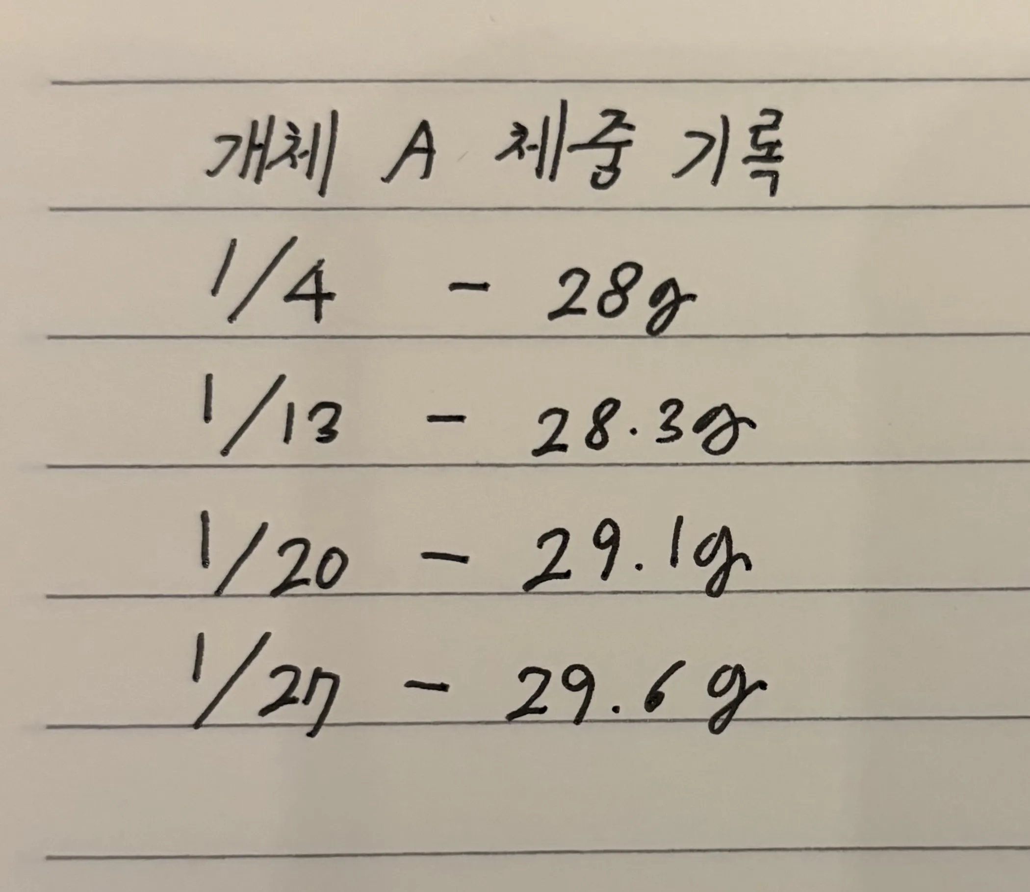 브리더의 체중 기록 노트 예시