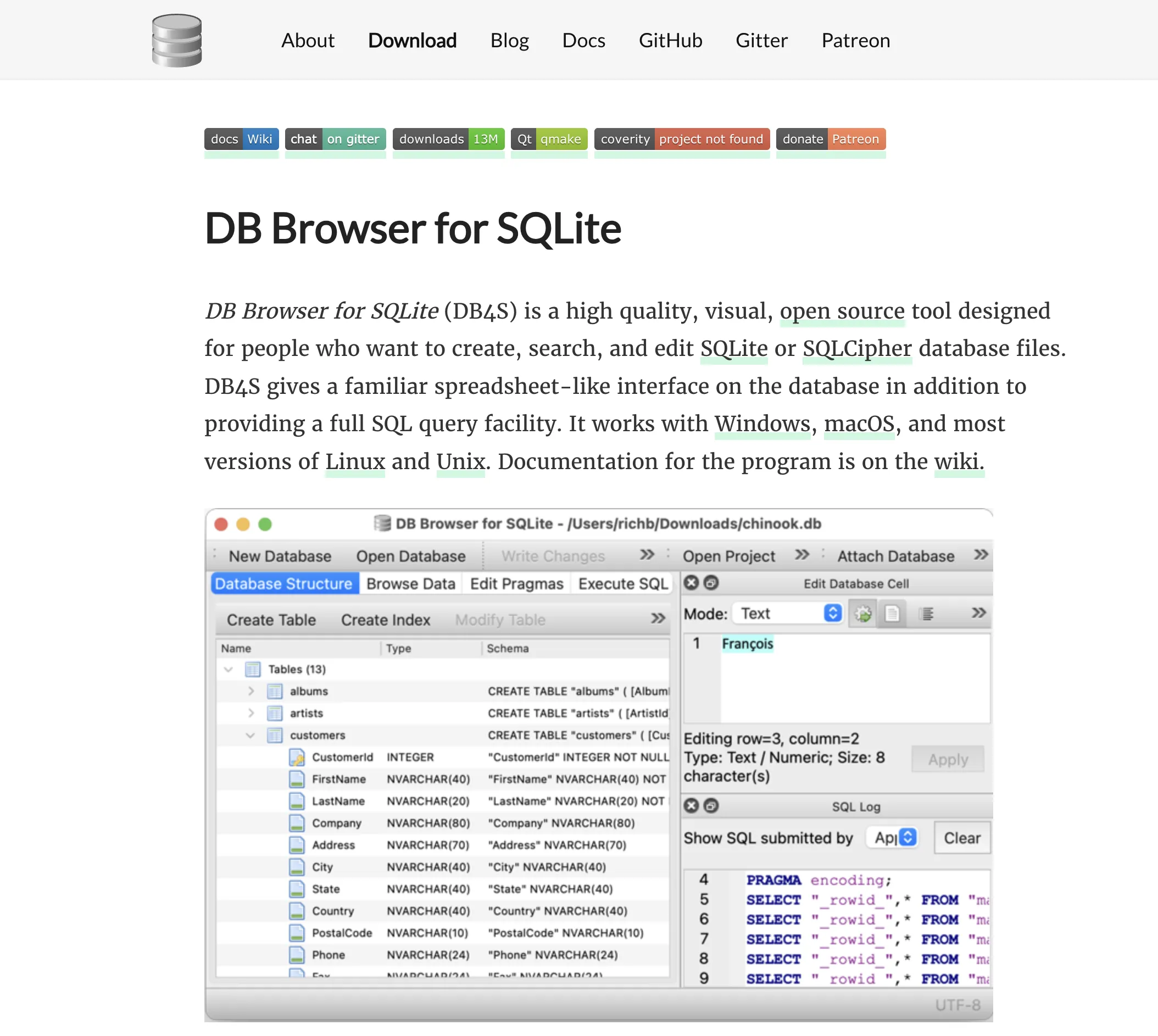 DB Browser for SQLite 다운로드 페이지