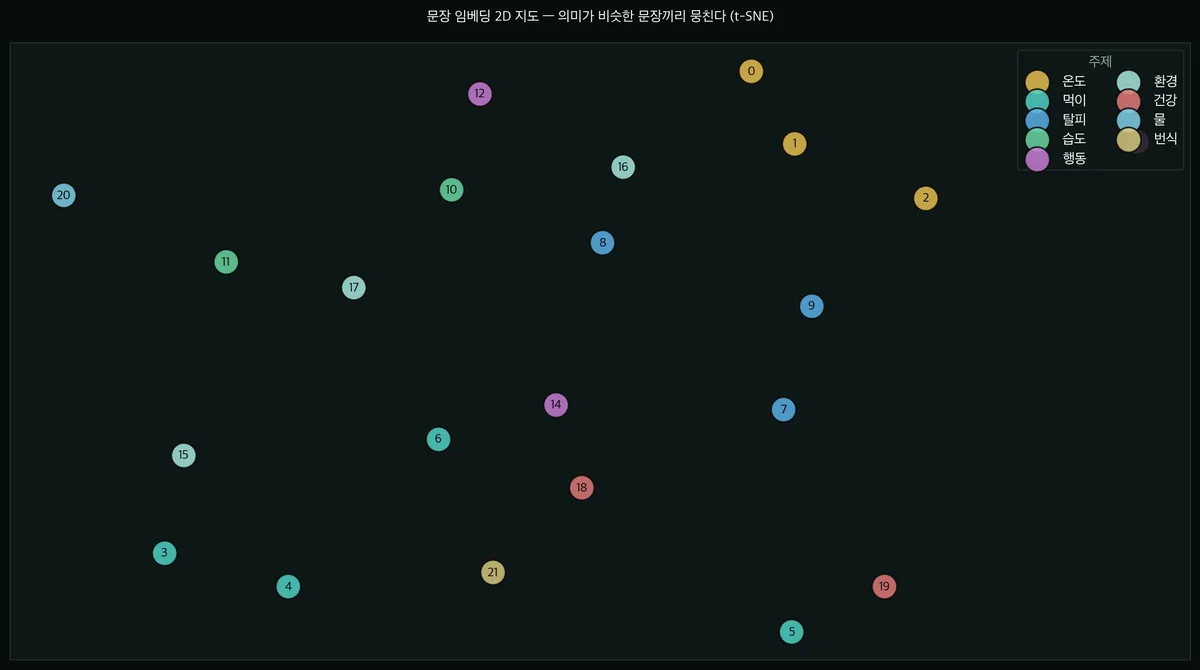 문장 임베딩 2D 산점도 (t-SNE) — 주제가 비슷한 문장끼리 가까운 영역에 모인다