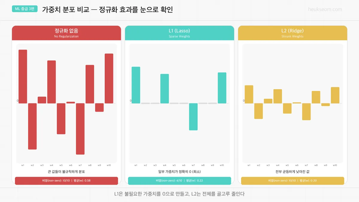 정규화 없음 / L1 Lasso / L2 Ridge 가중치 분포 비교