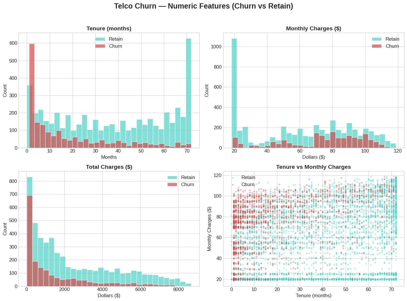 Jupyter 실행 결과 — Tenure, Monthly Charges, Total Charges 히스토그램 + 산점도