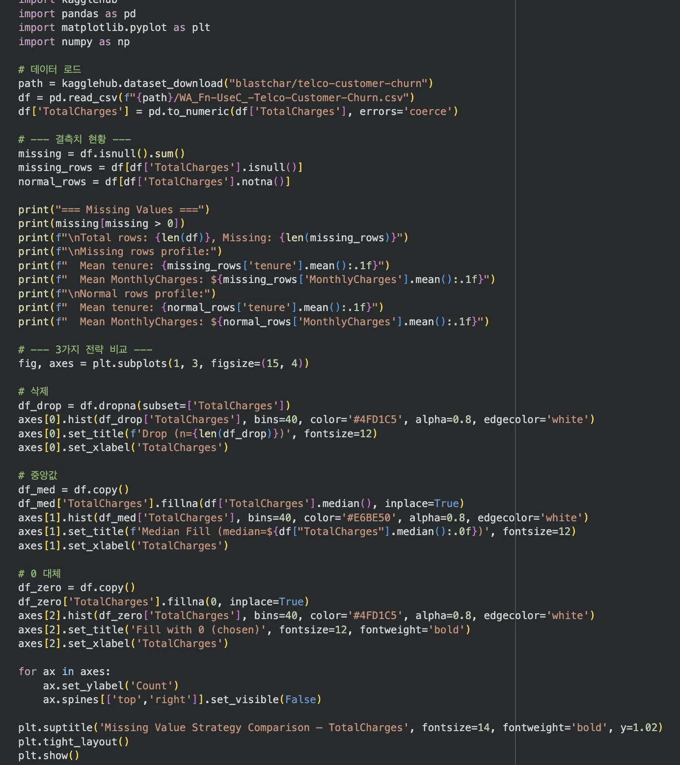 Jupyter 코드 — 결측치 분석 및 3가지 전략 비교
