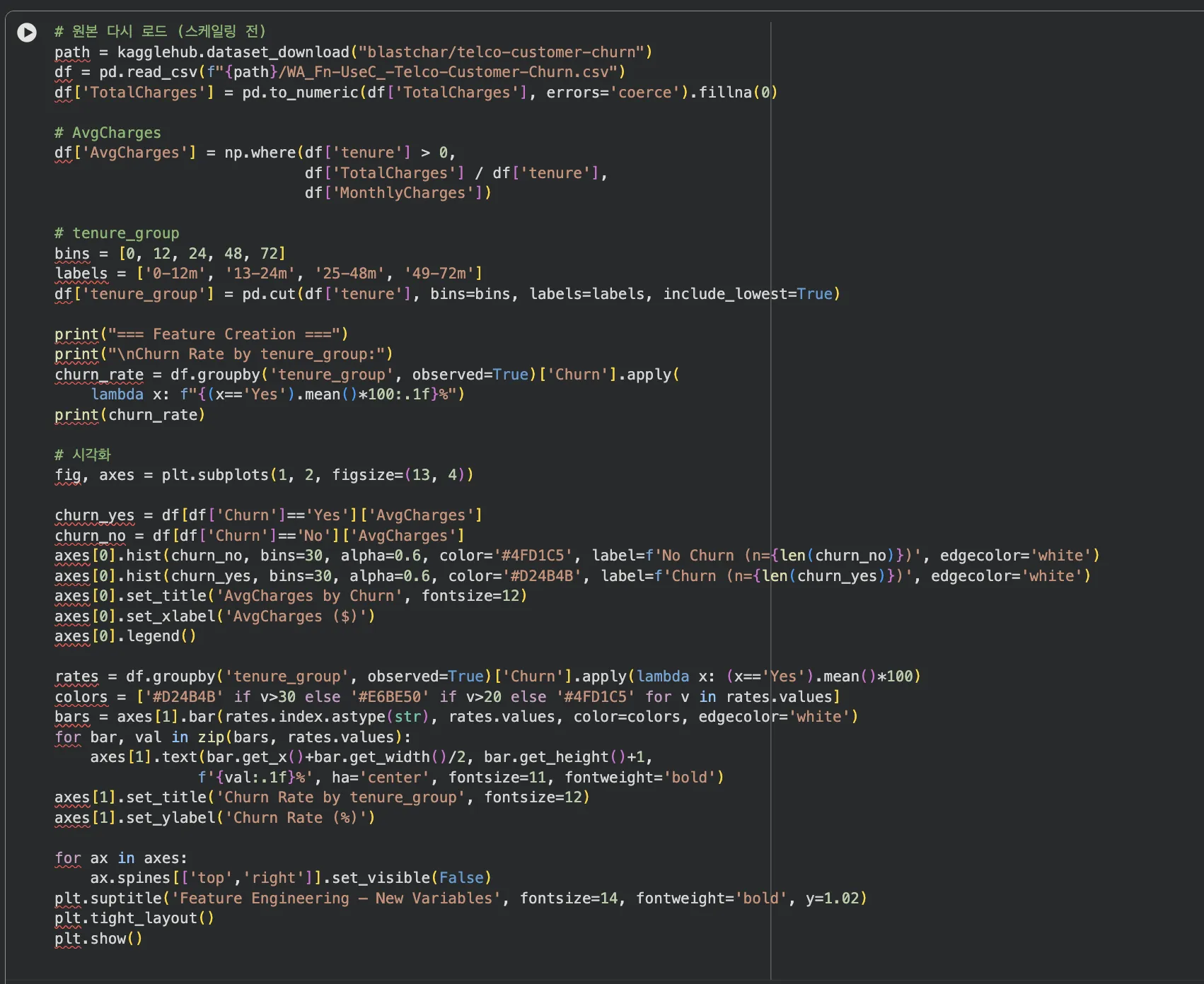 Jupyter 코드 — AvgCharges, tenure_group 파생변수 생성 및 시각화