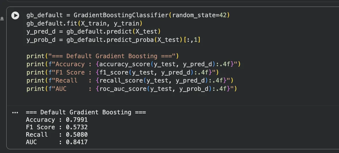 셀2: Default Gradient Boosting 결과