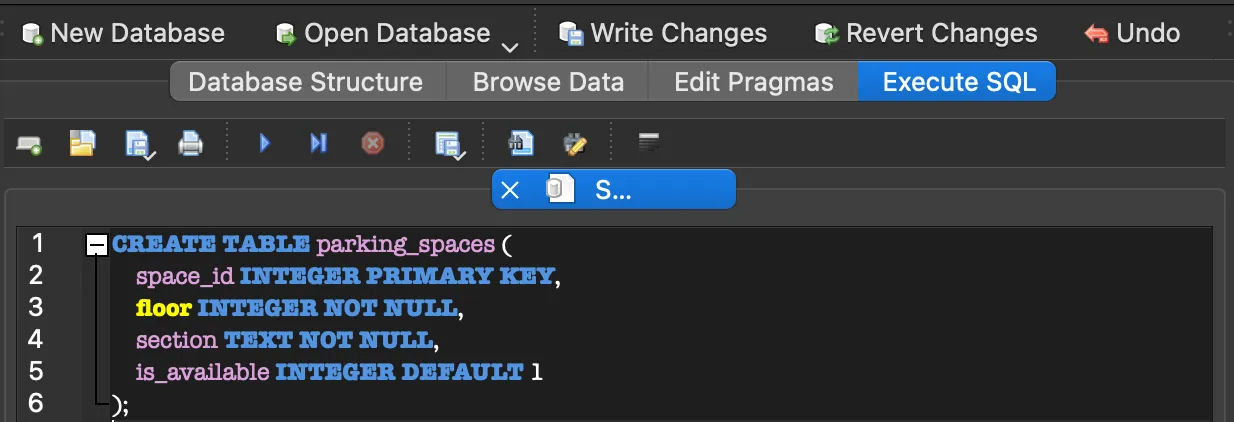 CREATE TABLE parking_spaces 실행
